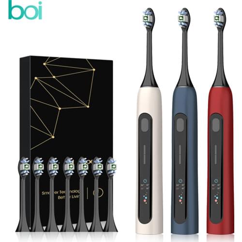 [boi] With 7 Brush Heads LCD Screen Sonic Electric Toothbrush Set Protective Clean Rechargeable Waterproof IPX7 Whitening Teeth