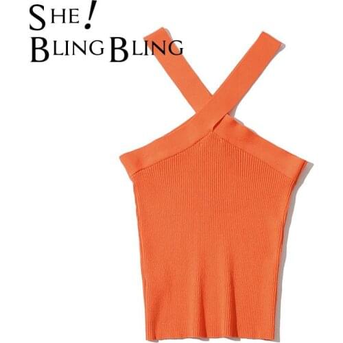 SheBlingBling 2021 Summer Women Sexy Cross Halter Knitting Tank Tops Fashion Candy Colors Sleeveless Short Vests Multi-color