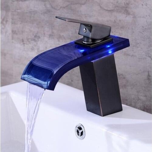 Bathroom Waterfall Faucet LED Faucet. Glass Waterfall Brass Basin Faucet. Bathroom Mixer Tap Deck Mounted Basin Sink Mixer Tap