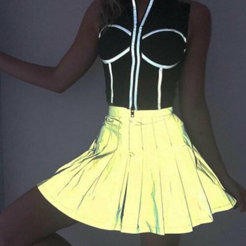 Reflective Pleated Skirt For Women High Waist Sexy Mini Party Bandage Skirt Ladies Summer Causal Neon Short Skirts Streetwear