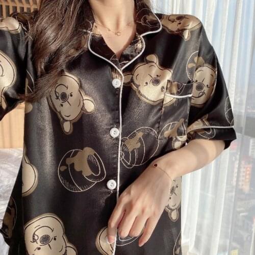 Ladys Short Sleeve Summer Homewear Satin Silk Sleepwear Winnie the Pooh Print Fashion Pajamas