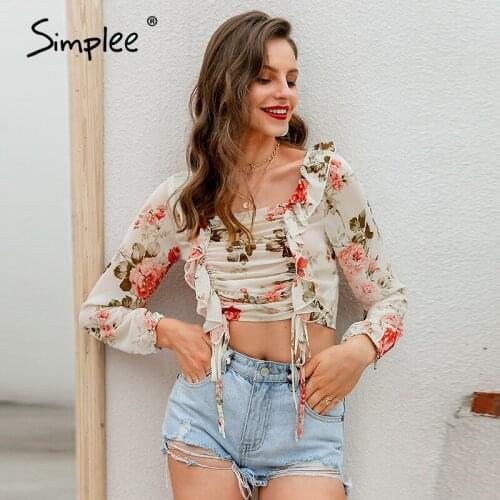 Simplee Sexy vintage floral print women blouse shirt Holiday beach summer style tops Cute square elegant solid slim blouses