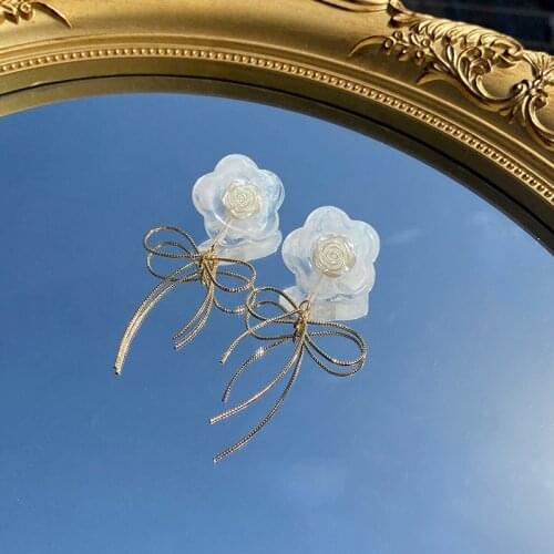 Big White Flower Bowknot Long Drop Earrings For Women Korean Style Sweet Simple Elegant pendientes Jewelry Wholesale