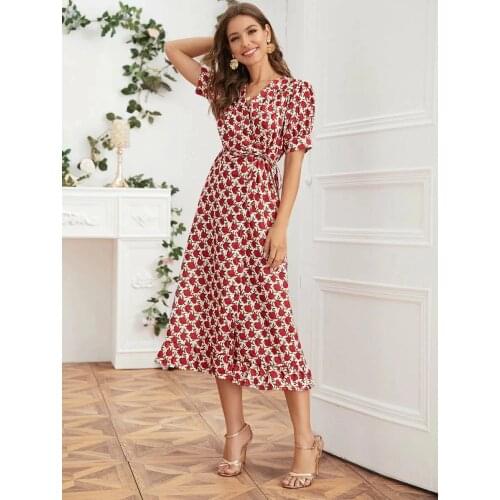 Women Dress Autumn 2021 Print Color Short Sleeve Sexy V-Neck Beach Style Elegant Fashion Casual Female Vestido Party Robe C2857