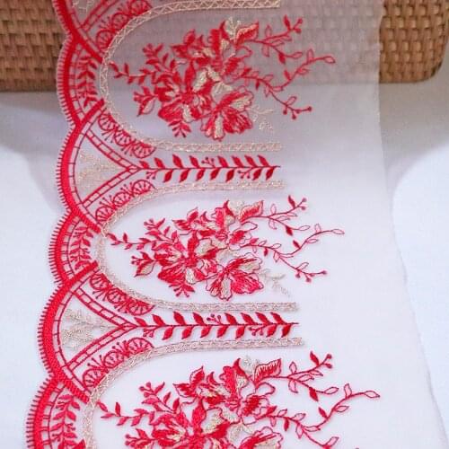 1Meter 19.4CM Wide Vintage Red Flowers Embroidery Lace Trim Pink Mesh Fabrics For Bra Lingerie Underwear Womens Dress Decor DIY