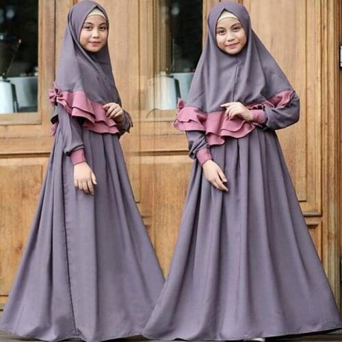 2021Arab Girls Long Sleeve Maxi Dress Hijab Set Muslim Kids Prayer Abaya Jilbab Islamic Party Gown Clothing Suit2Pcs Middle East