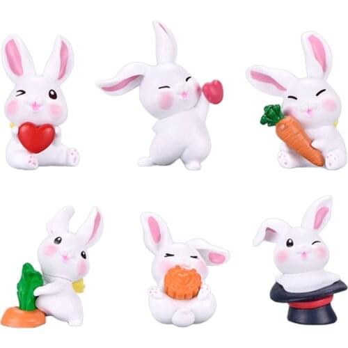 6pcs Cartoon Rabbit Bunny Miniature Figurine Micro Landscape Ornaments Desk Mini Dollhouse Toy Fairy Garden Accessory