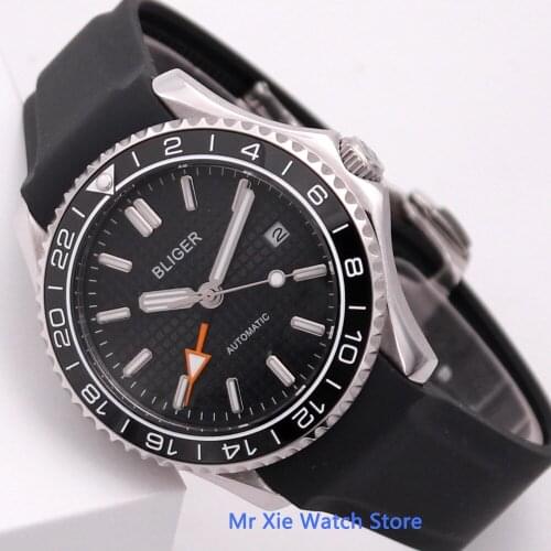 Bliger 41mm Black Dial Automatic Mechanical Mens GMT Watch Luminous Waterproof Military Calendar Clock Wristwatch Men