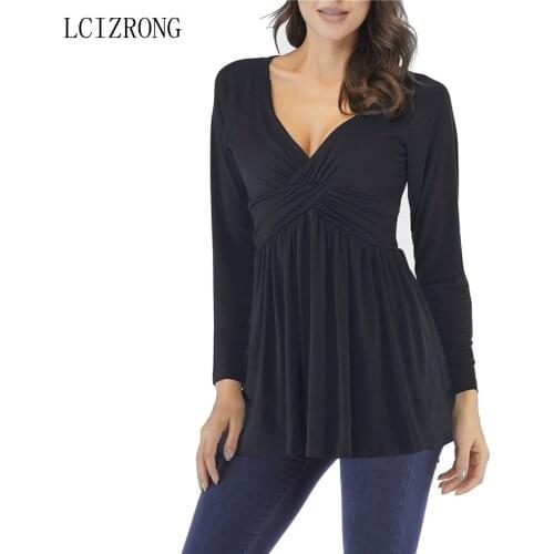 5XL Plus Size Solid Tshirt Women Sexy V Neck Long Sleeve T Shirt 5 Colors Loose Black Pleated Tee Female