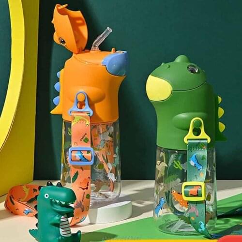 560ml Cartoon Dinosaur Shaped Kids Water Bottle with Silicone Straw Shoulder Strap Leak Proof Children School Jy26 21 Dropship