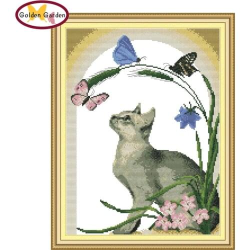 GG Cat and Butterfly Painting Cross Stitch Kits Embroidery Package Animal Joy Sunday 11CT Printed Cross Stitch for Home Decor