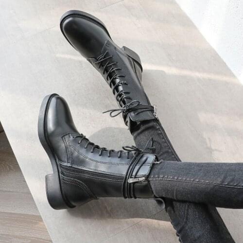 Leather Riding booties ladies plush fur british motorcycle snow botas 2019 winter creepers cross-tied mid high boots women shoes