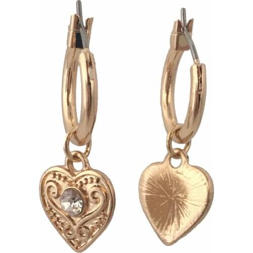 LOVELY GOLD COLOR PLATING TEXTURED HEART WITH CLEAR STONE CHARM HOOP EARRINGS