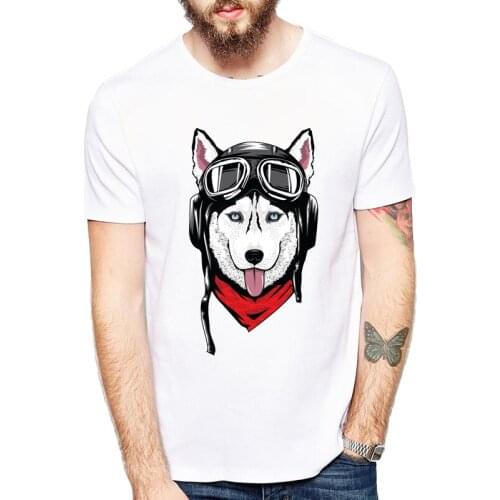 Husky with Helmet Printed Men T shirt Short Sleeve Casual t-shirt Hipster Pocket Cute Siberian Husky/ Chihuahua tees Cool Tops