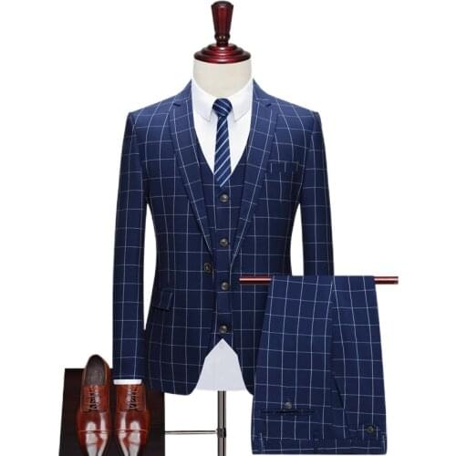 Men 3 Pieces Suit Spring Autumn Plaid Slim Fit Business Formal Casual Check Suits Office Work Party Prom Wedding Groom