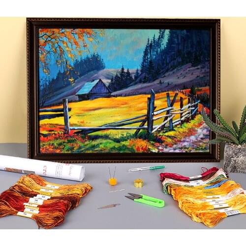 Landscape Autumn Printed Canvas 11CT Cross Stitch Full Kit DIY Embroidery DMC Threads Handiwork Needlework Knitting Stamped