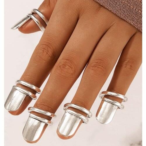 Docona 5pcs/set Fashion Fingertip Nail Cover Ring Set for Women Silver Color Armor Geometry Hollow Men Party Cosplay Jewelry