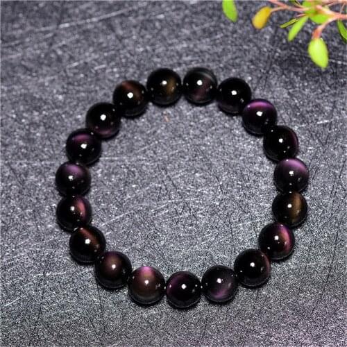 Grade AAA Natural Purple Luster Black Obsidian Beaded Bracelet 8mm 10mm 12mm 14mm 16mm Round Bead Stretch Prayer Bracelet BR018