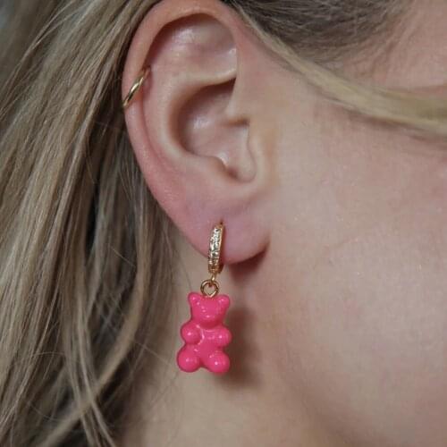 2021 New Cute Candy Resin Bear Earrings For Women Shiny Zircon Rhinestone Hoop Huggies Earring Cartoon Drop Dangle Party Jewelry