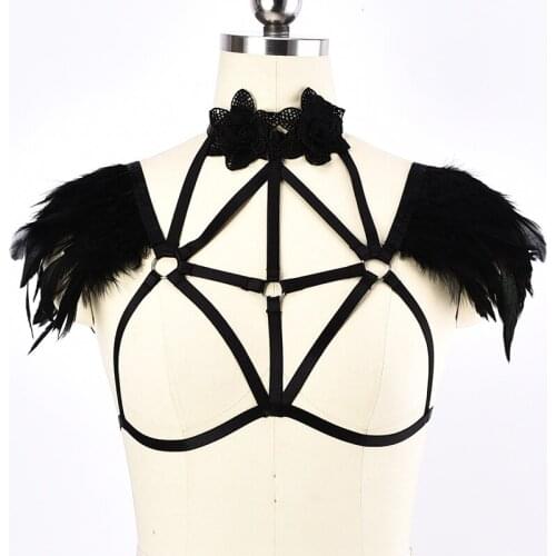 Sexy Harness Lace Flower Bra Shoulder Goth Feather Rave Cage Bra Bustier Bondage Black Lingerie Body Harness Belt
