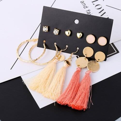 6 Pairs/Set Trendy Long Tassel Stud Earrings Set For Women Girl 2019 Bohemian Round Circle Heart Earring Female Fashion Jewelry