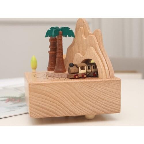 Nordic Wooden Small train Music Box Spin Hand crafts roller coaster Home room desktop decoration Christmas gift For Kid