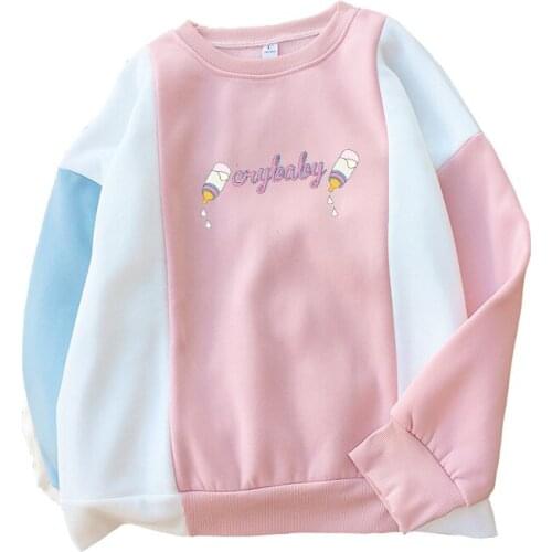 Cry Baby Letter Print Hoodies Sweatshirt Women Harajuku Streetwear Spell Color Splicing Fleece O-neck Kawaii Feeding Bottle Tops