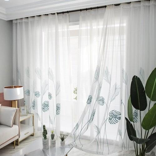 Country style Tulle Sheer Palm leaves Embroidered Window Curtains for Home Living Room Decoration in the Kitchen Cafe Curtain