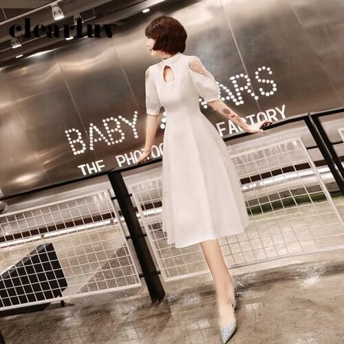 High Collar Women Party Gowns DR336 White A-Line Formal Prom Dress Short Sleeve Vestidos De Festa Above Knee Elegant Dress 2020