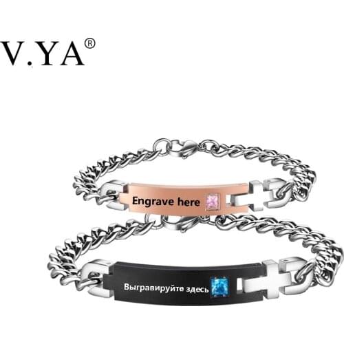 V.YA Fashion Name Stainless Steel Bracelets For Women Men ID Bracelet Inset Zircon Stone Lover Couple Bracelets Drop Ship