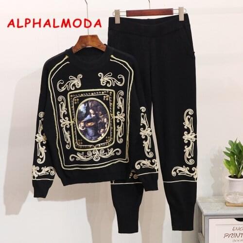 ALPHALMODA 2018 Autum winter women fashion new model EU retro knitted heavy embroidery beading leisure suits