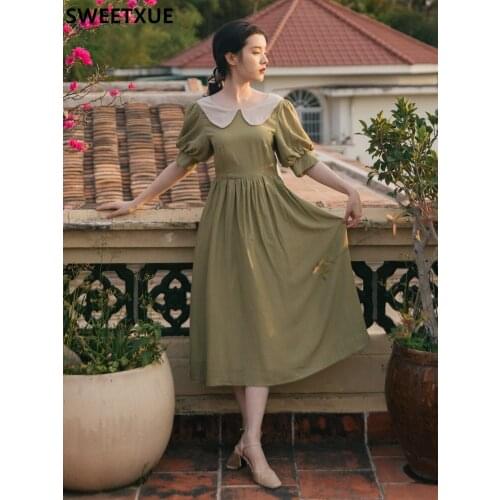 SWEETXUE Summer 2021 Korean Sweet Pan Peter Collar Fashion Elegant Embroidered patchwork Party Chic Dress Womens Clothing