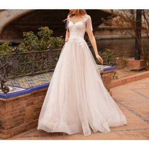 Elegant Long Sleeve A-Line V-Neck Wedding Dresses Ivory Button Back Tulle Beaded Robes De Mariée Bridal Gown For Women