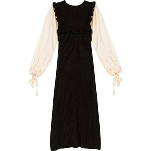 PERHAPS U Women Dress Black Gray O-neck Lantern Sleeve Long Sleeve Knitted Patchwork Knee Length Dress Autumn Winter Satin D2177