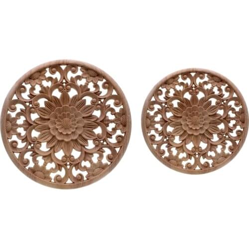2Pcs Carved Flower Carving Round Wood Appliques for Furniture Cabinet Unpainted Wooden Mouldings Decal Decorative Figurine - 15X