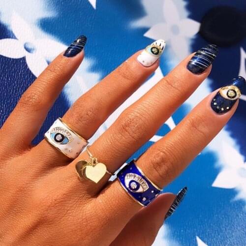 2021 Hot New White Enamel Love Ring Micro Pave CZ Wide Band Heart Evil Eyes Female Finger Bohemian Fashion Gold Color Jewelry