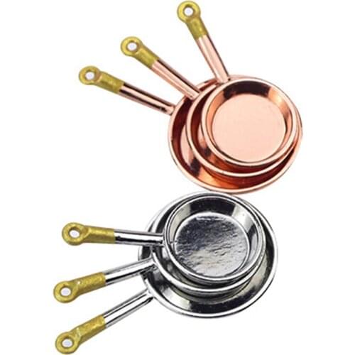 3Pcs 1:12 Scale Dollhouse Kitchenware Alloy Stovetop Fry Pan Kitchen Toy
