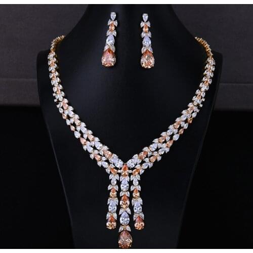 GODKI Exclusive Cubic Zirconia 2pcs Champagne Necklace Earrings 2020 Shining Copper Tassel Dubai Fine Jewelry Sets for Ladies