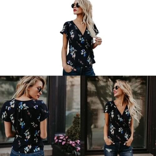 Summer Women Floral Print V-Neck Cross Straps Short-Sleeved Shirt Simple Blouse Casual Shirt