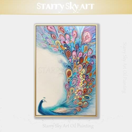 Top Artist Pure Hand-painted Colorful Animal Peacock Oil Painting on Canvas Gorgeous Colors Animal Beauty Peacock Oil Painting