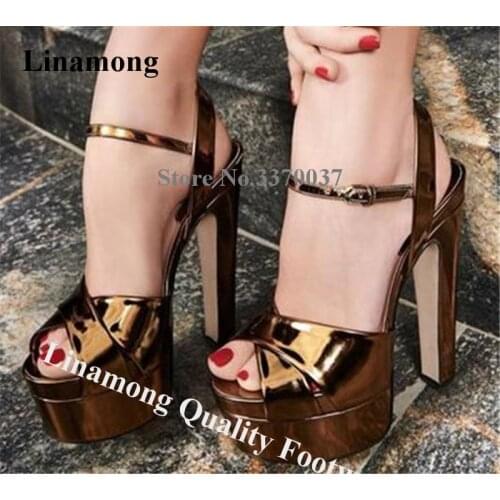 Linamong Women Sexy Open Toe High Platform Chunky Heel Sandals Shining Ankle Strap Buckles Thick High Heel Sandals Dress Heels