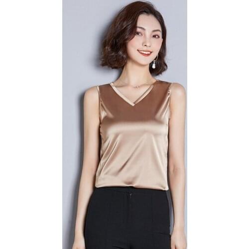 Women Spring Summer tank tops Sleeveless solid color lady V-Neck Classic Basic style all-match Satin vest Multi color