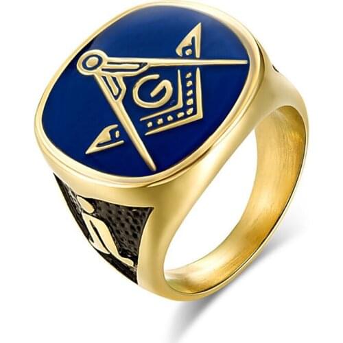 Stainless Steel Punk Rock Blue Freemasons Mens Finger Ring Jewelry Gold Fraternity Rings Gift For Him
