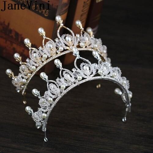 JaneVini 2018 New Bride Crystal Pearls Wedding Crowns Tiaras Gold/Silver Bridal Rhinestone Metal Headband Hochzeit Haarschmuck