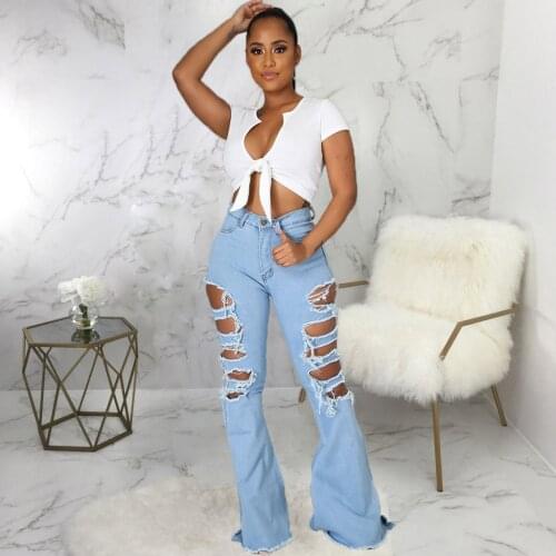 Solid Side Hollow Out Flare Bell Bottom Long Pant Women High Waist Zipper Fly Denim Trouser Streetwear Stretchy Bodycon Jeans