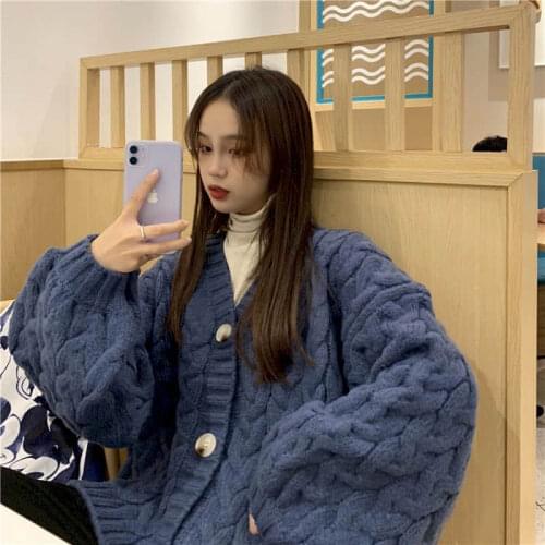 Fall/winter 2021 new students Korean loose-fitting sweater womens casual thick warm knitted cardigan coat simple solid cardigan