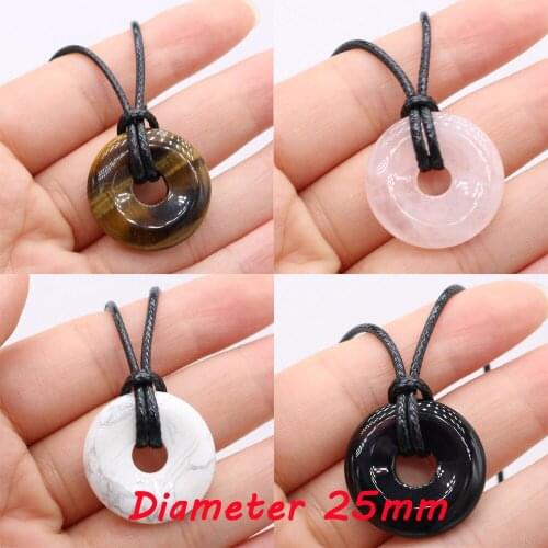 Natural Stone Pendant Necklace Flat Round Amethysts Opal Crystal Necklace Jewelry for Women Amulet Reiki Hea Gifts 25mm