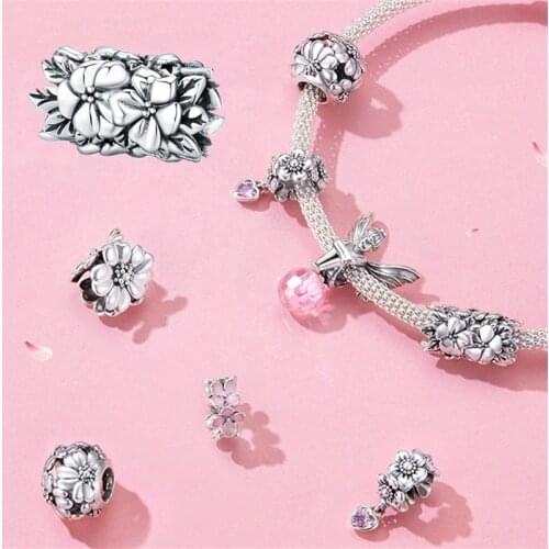Fit Europe Bracelet Silver 925 Original Pink Heart Zircon Daisy Beads New Arrival Wing Guardian Angel Charms for Jewelry Making