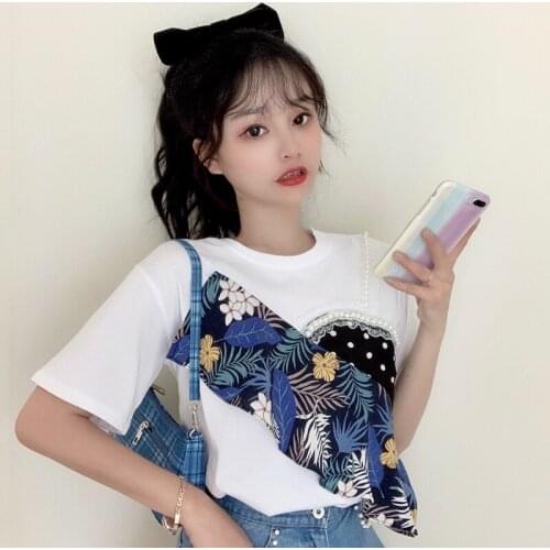 Firm offers han edition of the new design feeling small false two net yarn splicing loose short sleeve T-shirt girl