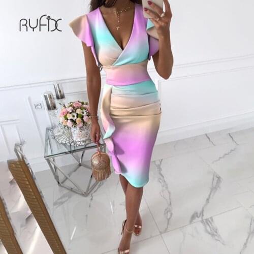 Sexy V-Neck Slim Office Lady Dress Ruffle Short Sleeve Bodycon Knee-length Dresses For Women 2021 Casual Summer Woman Midi Dress
